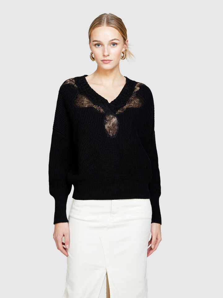 Sweater with lace - women's v-neck sweaters - Black | Sisley image number 4